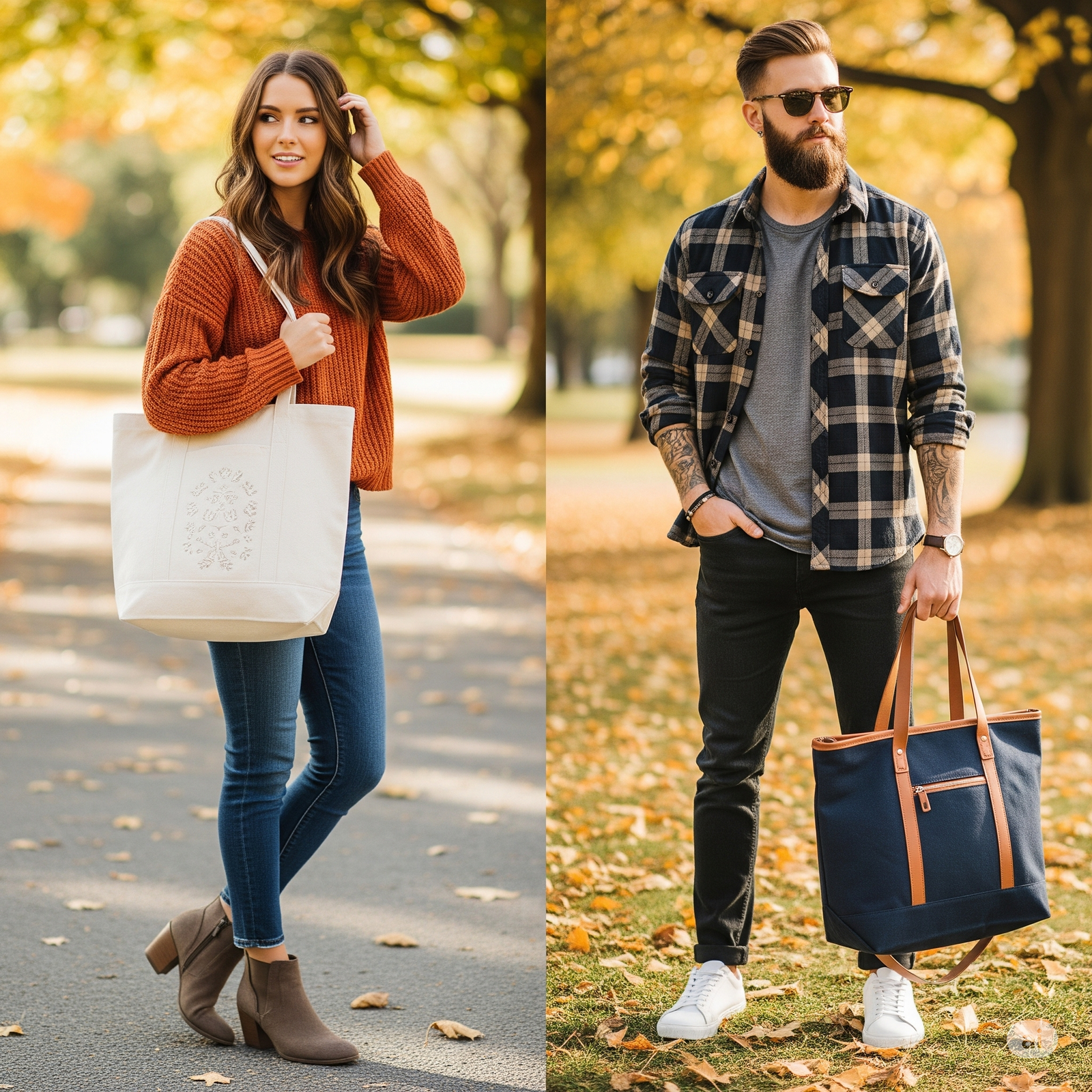 Phối đồ thu thanh lịch với túi vải canvas